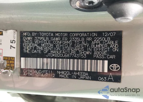 2008 Toyota Prius z USA, uszkodzony, nr VIN JTDKB20U687743153